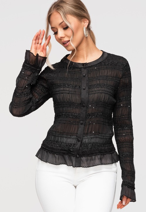 LARICA Elegáns Női Blúz, Karcsúsított Szabás, Hosszú Ujjú Fodorral, Elasztikus Poliészter, Fekete