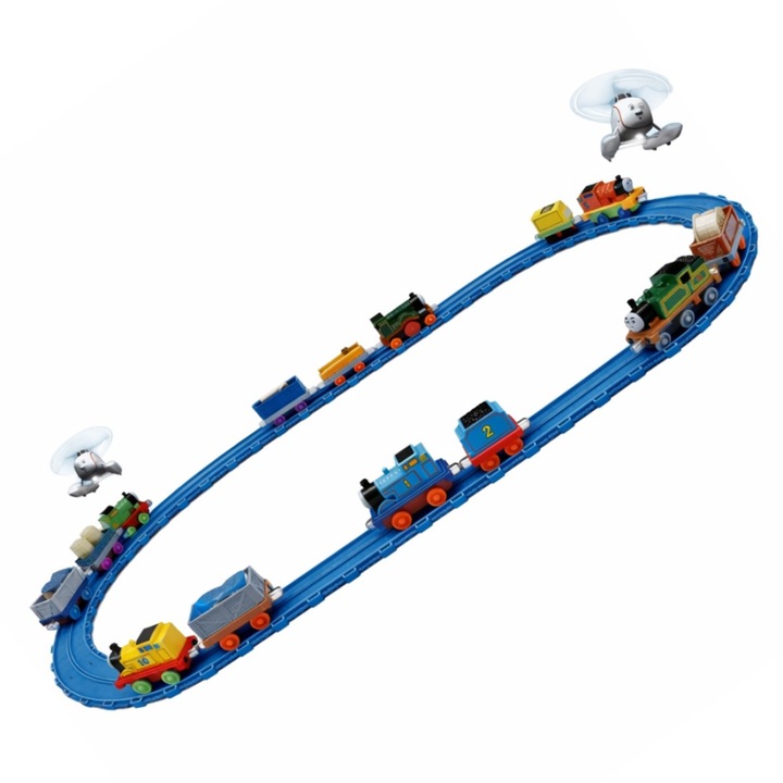 Set trenulet Thomas and Friends cu sine, locomotive si vagoane magnetice, tren electric de jucarie interconectabil, set complet joaca copii
