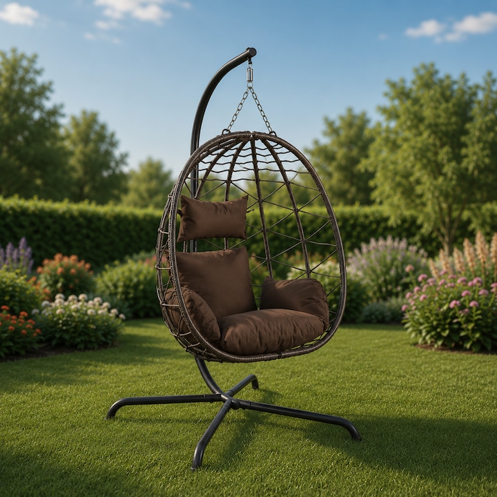 Leagan Suspendat, TOPSCAUNE®, Fotoliu Leagan Tip Ou Cu Perne Moi, Leagan Suspendat Cu Cos Pliabil Si Ratan PE, Fotoliu Leagan Cu Structura Metalica Si Rezistenta UV, Pentru Interior Si Exterior, Balansoar Confortabil Si Stabil, Maro