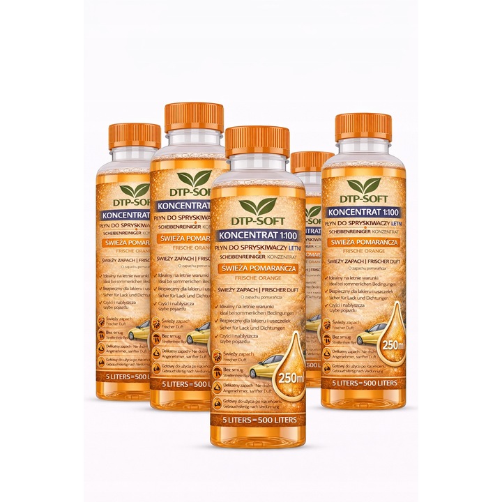 DTP-SOFT szélvédőmosó folyadék koncentrátum, nyári, 1:100, 5x250 ml, narancs illatú, rovarok ellen hatékony