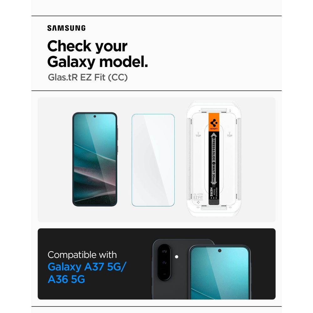 Folie sticla securizata Spigen Glas.tR EZ Fit, Kit montare inclus, compatibila cu Samsung Galaxy A37 5G / A36, Transparent