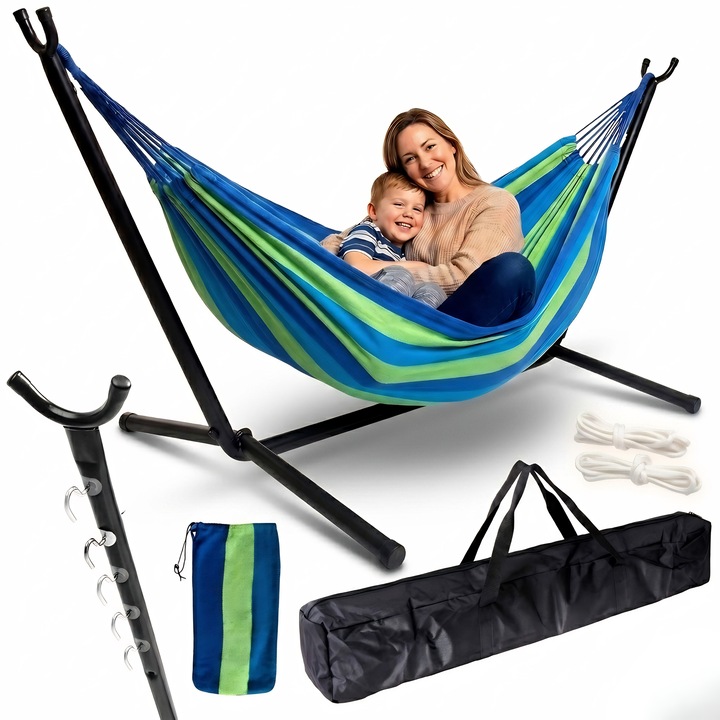 Lewer kerti dupla függőágy állvánnyal, 280 x 110 cm, tartós pamutvászon, porfestett állvány, időjárásálló, robusztus és stabil szerkezet, könnyen összeszerelhető, kiváló minőségű acélból készült, ideális kertbe