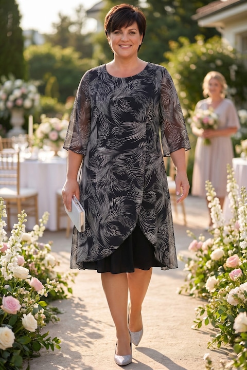 Rochie neagra cu modele bej si albe