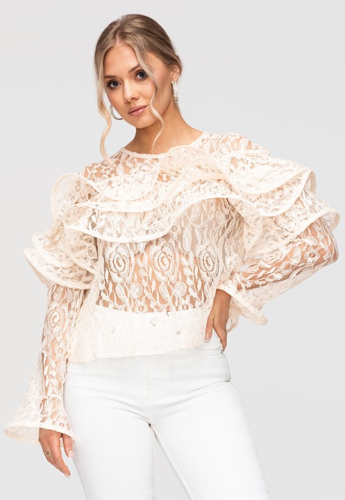 LARICA Elegáns női blúz virágos csipkéből, laza szabású, hosszú ujjú, Ekrü, One Size