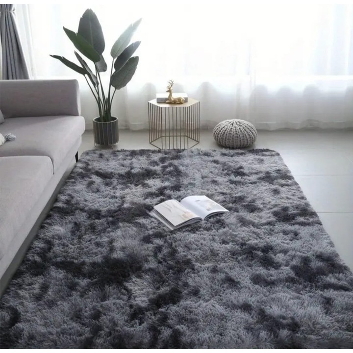 Covor Fluffy Gri Inchis 150x200 cm Poliester Microfibra Baza Antiaderenta Uni