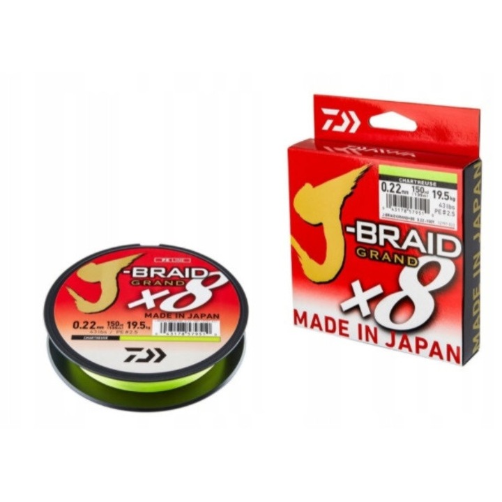 Fire pescuit Daiwa J-Braid Grand X8 0,18mm 135m Chartreuse, 8-coroane, rezistenta 10kg