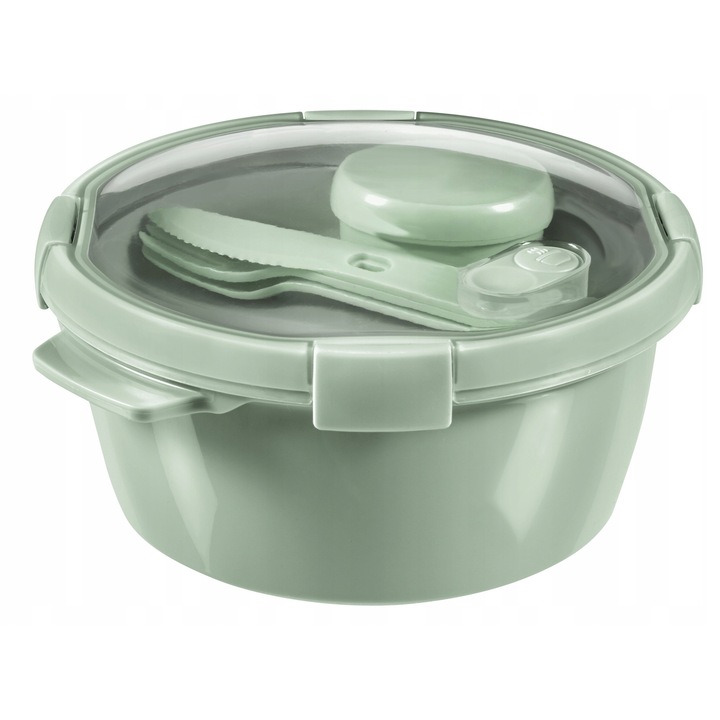 Кутия за храна Curver To Go, 1.6L, зелена, 22x22x10см, комплект с прибори и съд за сос