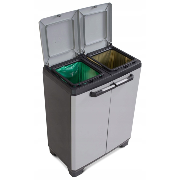 Pojemnik de segregare Keter Split Premium, 2 compartimente, 68x39x92cm, 220L, plastic reciclabil, cu sistem de deschidere PUSH