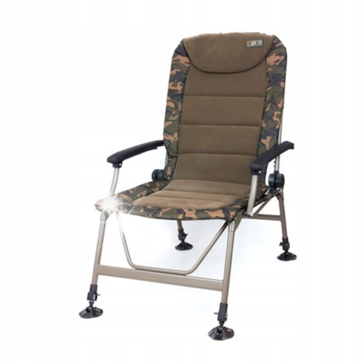 Fotel camping Fox R3 Camo, 44-56x60cm, 73cm inaltime, material poliester, greutate 7,5kg, set cu 4 picioare reglabile