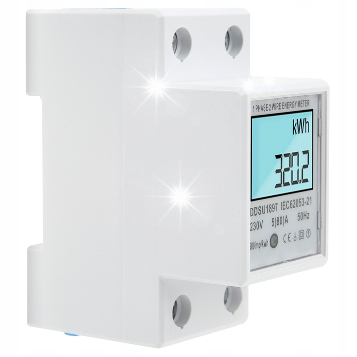 Energiamérő 230V 5(80)A, LCD kijelző, DIN sínre szerelhető, ABS