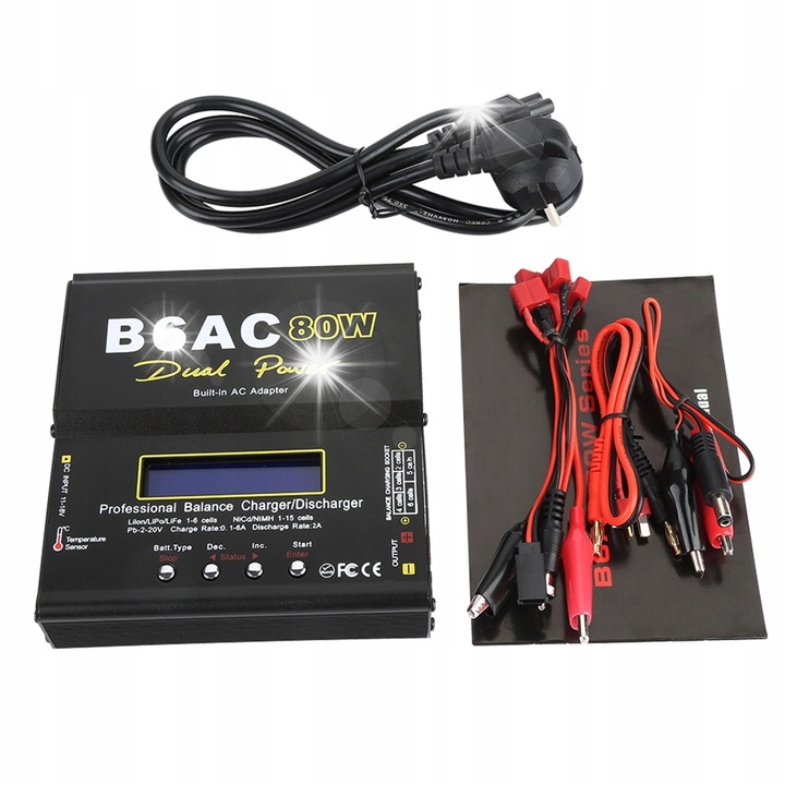 B6AC töltő, 80W, Li-ion, LiPo, Ni-Cd, NiMH akkumulátorokhoz, fekete, 134x142x36mm, komplett szett
