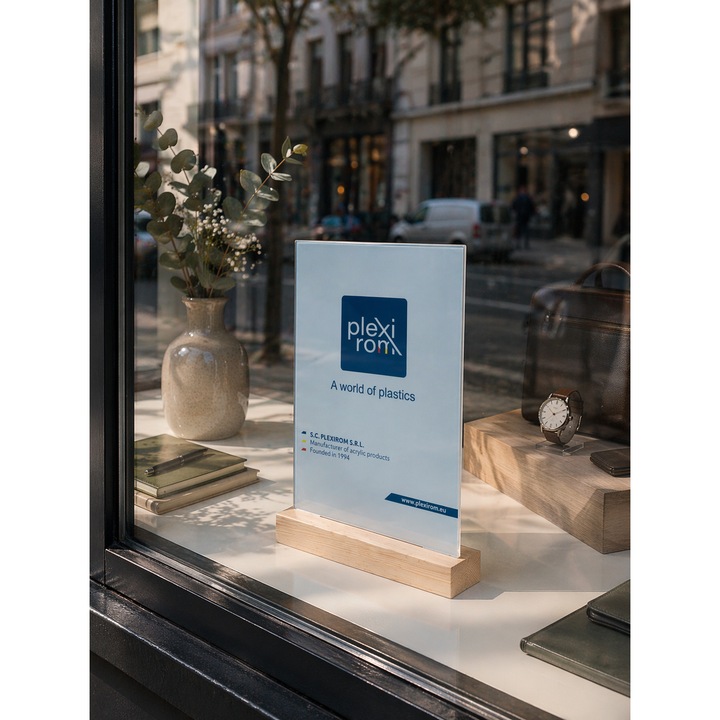 Suport afisare transparent cu baza din lemn de fag natural, Format A4 Portret / Vertical, pentru restaurante, hoteluri, birouri, magazine