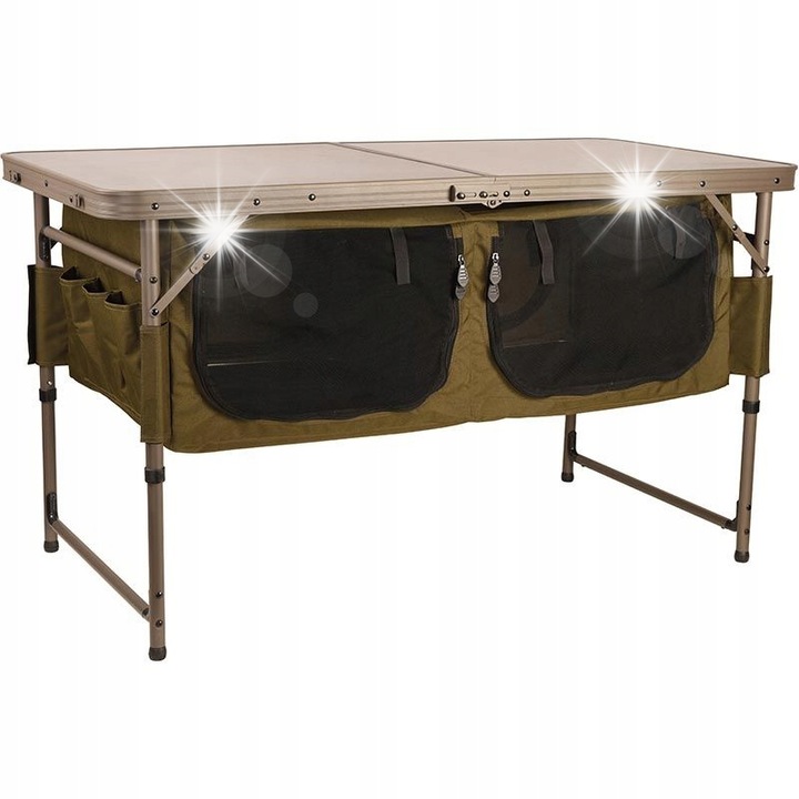 Masa de camping Fox Session cu spatiu de depozitare, 120x60x68cm, culoare Khaki, set transport.