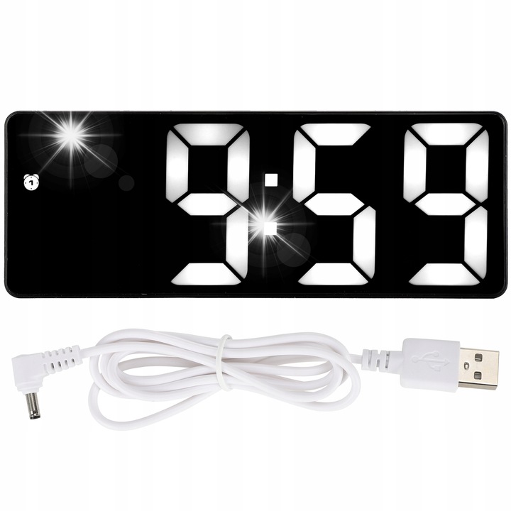 Ceas desteptator LED cu design oglinda, 15,9x6,9x2,4cm, cu cablu USB, set complet
