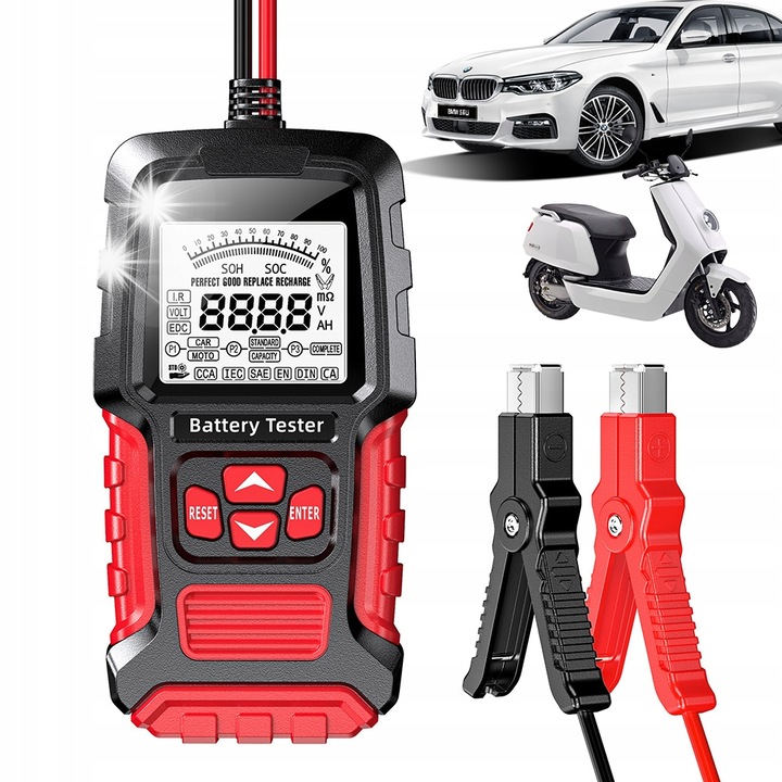Tester digital pentru acumulatori FOXSUR FBT300, 12V/24V, diagnosticare precisa, display LCD 2,7", dimensiuni 170x90x35mm