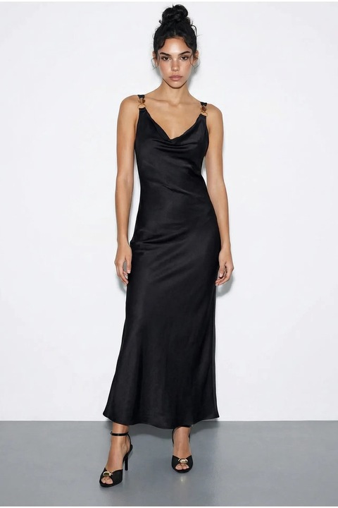 Rochie maxi tip furou Bianco Luccim cu decolteu in V, Satin, Negru