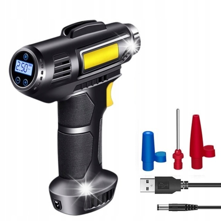 Компресор за кола 12V 150 PSI с 2000 mAh батерия, LED, LCD, комплект аксесоари, 21x18x5см