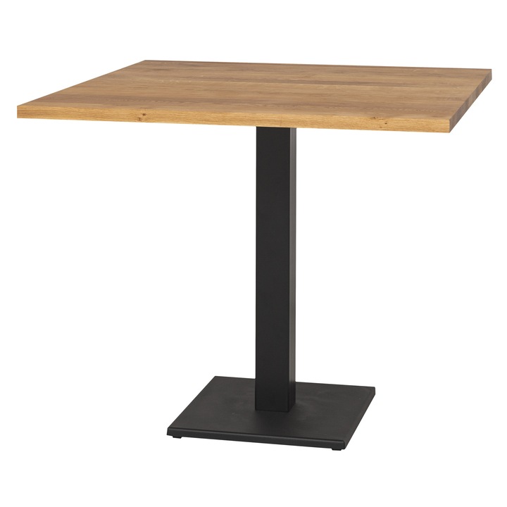Masa patrata cu picior central metalic, blat stejar, culoare maro deschis, negru, uleiat, 80x80x78 cm