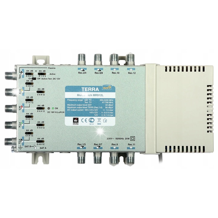 Multiswitch 9 bemenet 12 kimenet TERRA MR-912L, aktív DVB-T, LTE szűrő, 230V