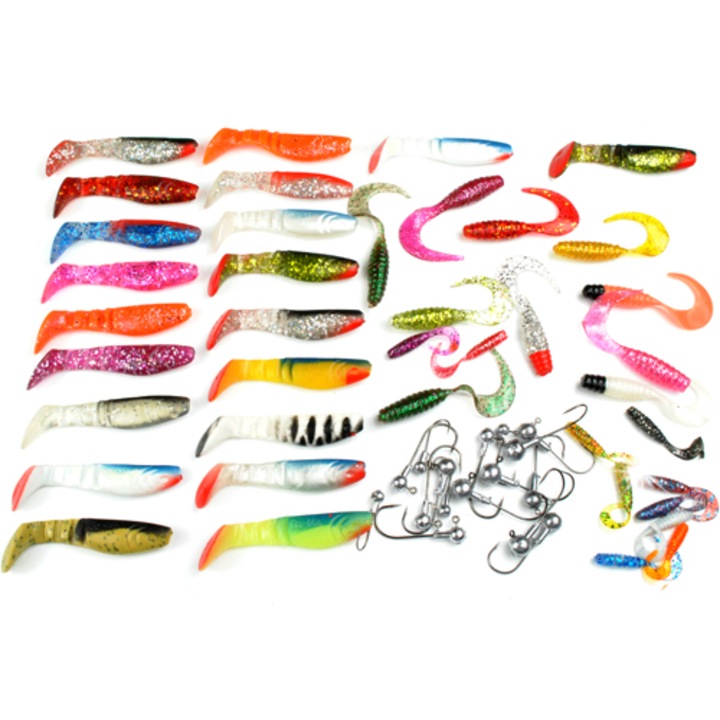Atilo műcsali készlet, 56 darab, 20x ripper 8cm, 10x twister 7cm, 10x twister 4cm, többszínű