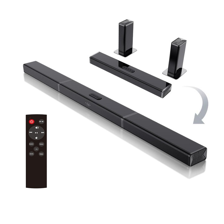 Boxa soundbar TV detasabila 2 in 1 60W, Sistem audio home theater Bluetooth 5.3 cu HDMI ARC, optic, AUX, USB, moduri de montare pe perete si turn, Negru, WALALLA