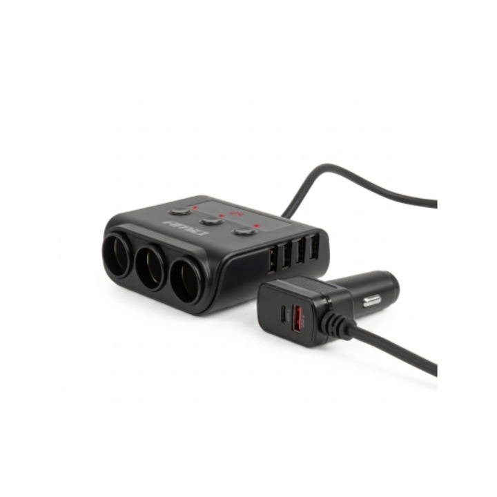 Hosszabbító aljzat gyors töltővel, 3xSzivargyújtó aljzat, 4xUSB-A, 180W, 75cm hosszúság, Amio, fekete