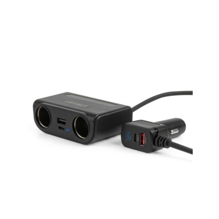 Amio hosszabbító aljzat gyors töltővel, 2x szivargyújtó aljzat, 1x USB-A, 1x USB-C, 120W, 75cm hosszúság