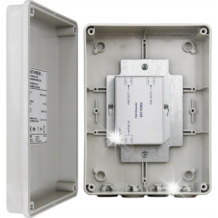 Удължител в херметична кутия PoE Pulsar EXT-POE2H, 1x PoE IN, 2x PoE OUT, IP56, 158x118x77mm