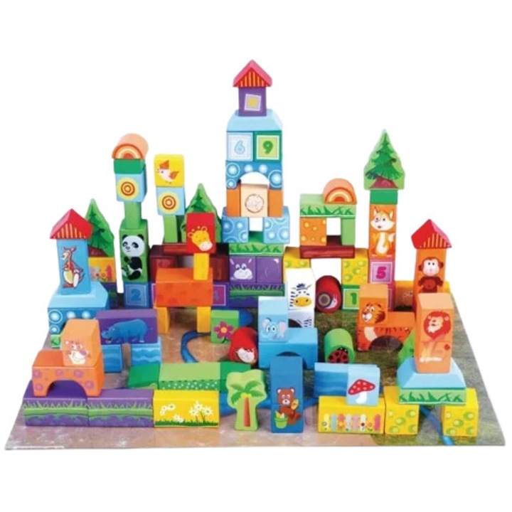 Set de 100 Cuburi de Constructie din Lemn, Stuniko, Cifre si Animale, Multicolor, 38x26x4cm