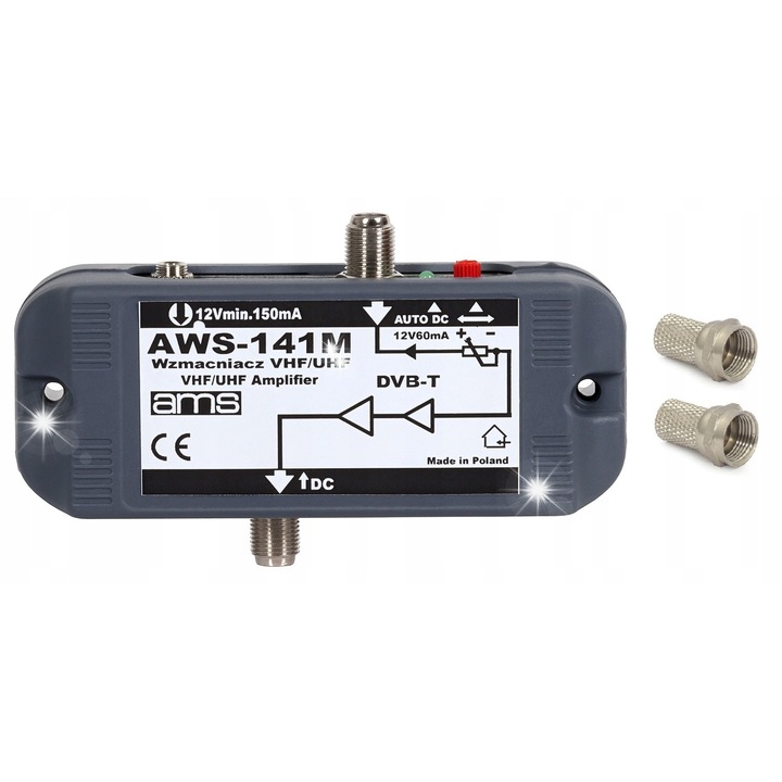 Antenna erősítő belső AMS AWS-141M, 20/24 dB, 12V tápellátás, tápegységgel és 2 F típusú csatlakozóval