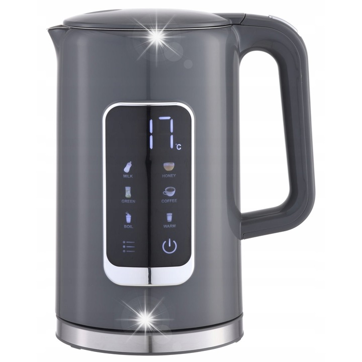 Platinet elektromos vízforraló 1,7L, 5 hőmérséklet beállítás, szürke, 450ml bögrével