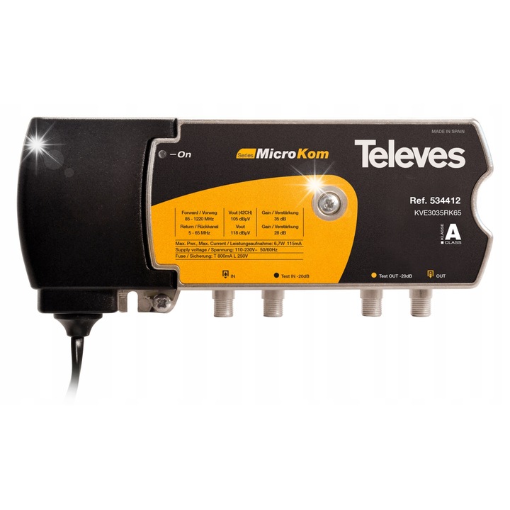 Amplificator semnal TELEVES MicroKom 534412 30/35dB, 85-1220MHz, reglabil, cu sursa de alimentare eficienta