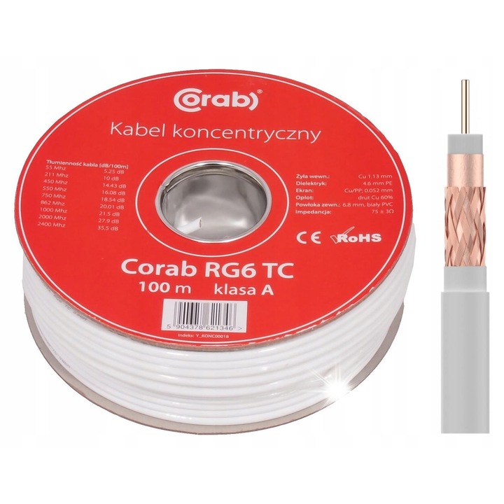 Коаксиален кабел RG6, CORAB, 100м, бял, медна сърцевина, диаметър 1,13мм