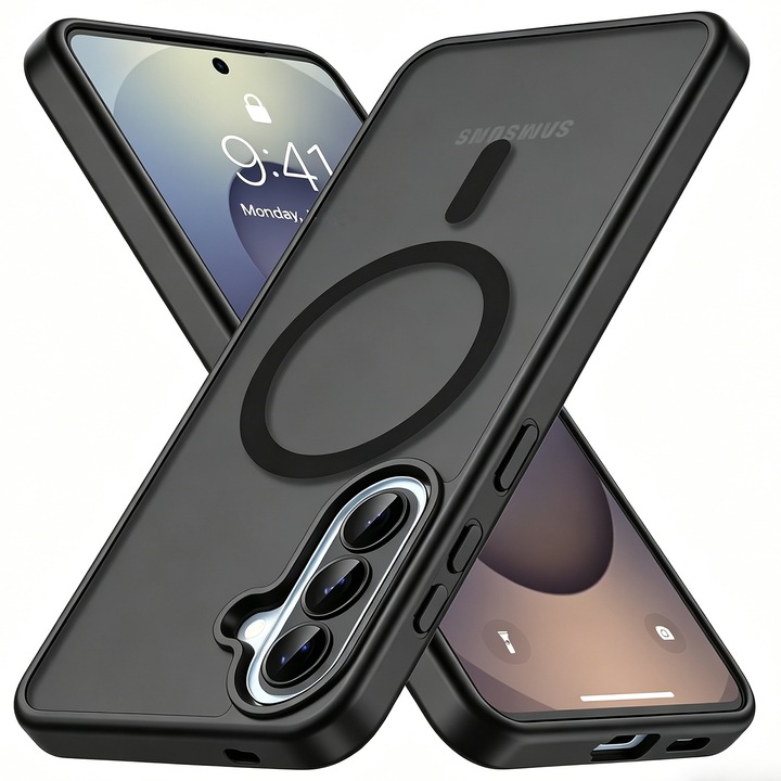 Husa de Protectie MOGU pentru Samsung Galaxy A57, Compatibila cu MagSafe, Ultra Subtire, Antisoc, translucida, mata si rezistenta la socuri, Neagra, TPU + Silicon