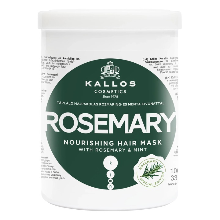 Masca de par Kallos, 1000 ml, rozmarin si menta, unisex, tip par normal/subtire/uscat