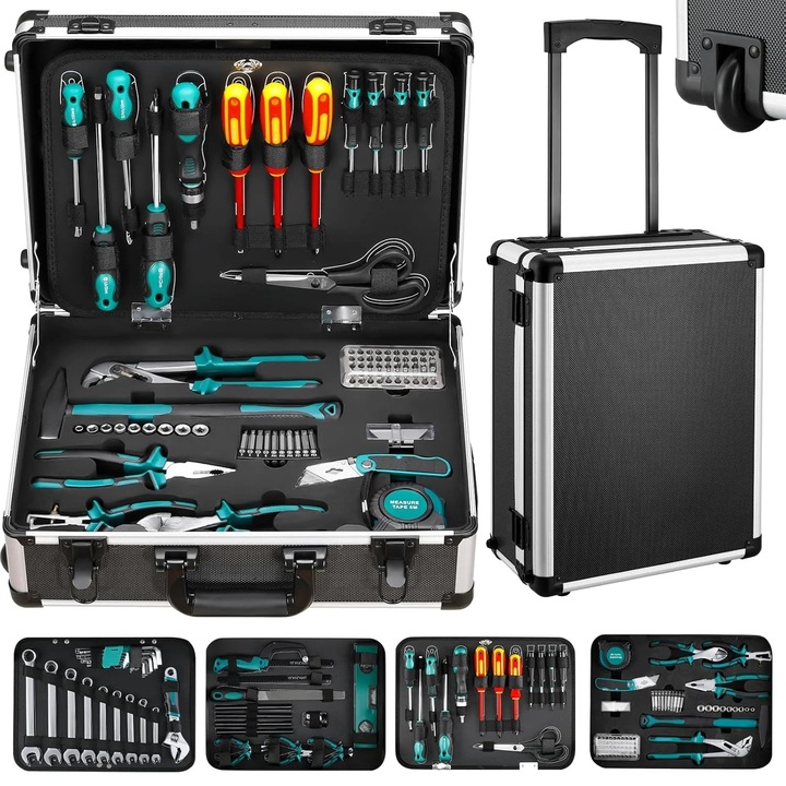 Set geantă pentru unelte, 128 piese, troler cu roți, otel crom-vanadiu, 47x35, 5x18 cm