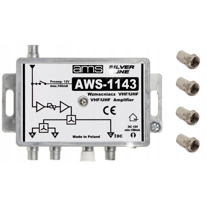 Antennaerősítő, AMS, AWS-1143, 1 bemenet/3 kimenet, 14/19 dB, 87-790 MHz, tápegységgel együtt