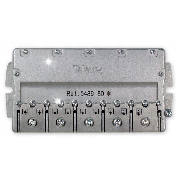 Разклонител 1/8 Televes, система EasyF, компактен дизайн, сив цвят, размери 125x97x35mm, пълен комплект с монтажен корпус