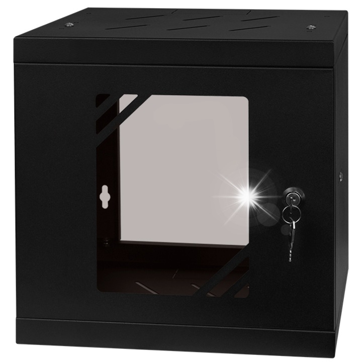 Fém RACK szekrény 10", R10-6U/300-GB modell, 6U, 280mm mélység, fekete, üvegajtóval