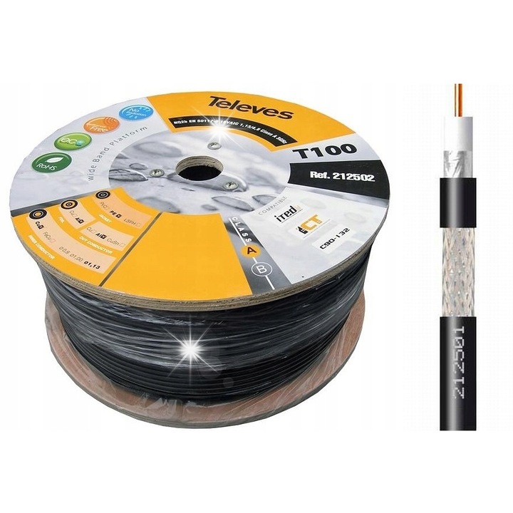 Cablu Antena Externa RG6 Televes T100, 1,13mm, 250m, Negru