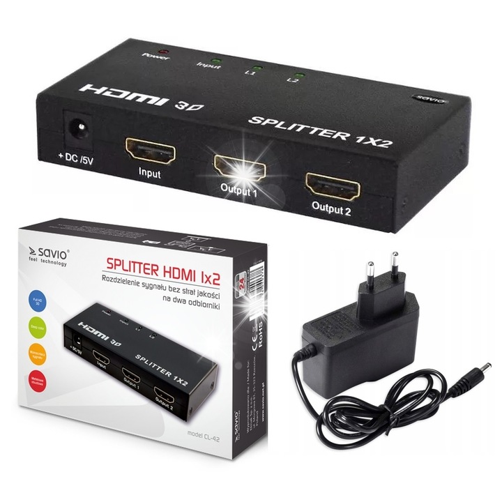 HDMI elosztó 1/2, Savio, 4K, 3D, 62x51x11mm, tápegységgel