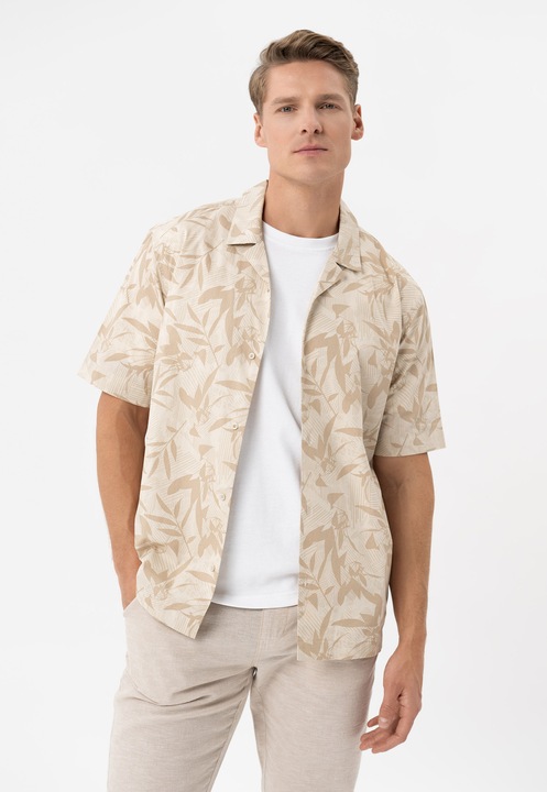 Férfi pamut ing virágmintával, rövid ujjú, Comfort Fit, Volcano C-Stim, bézs, Bézs