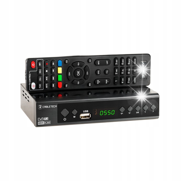 Dekoder DVB-T2 H.265 HEVC Cabletech, 7 butoane, metalic, 168x108x36mm, cu telecomanda si instructiuni PL