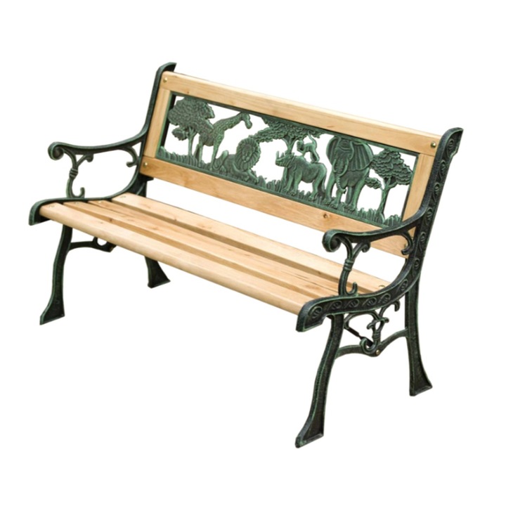 Banca De Gradina Pentru Copii, Dimensiune 82x39x50cm, Material Fonta/Lemn, Culoare Lemn Natural/Verde