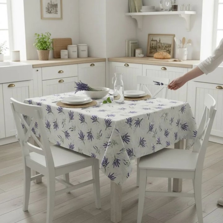 Teflonos kerek asztalterítő, 160 cm átmérőjű, Különleges Ágyneműk, Fehér levendulával