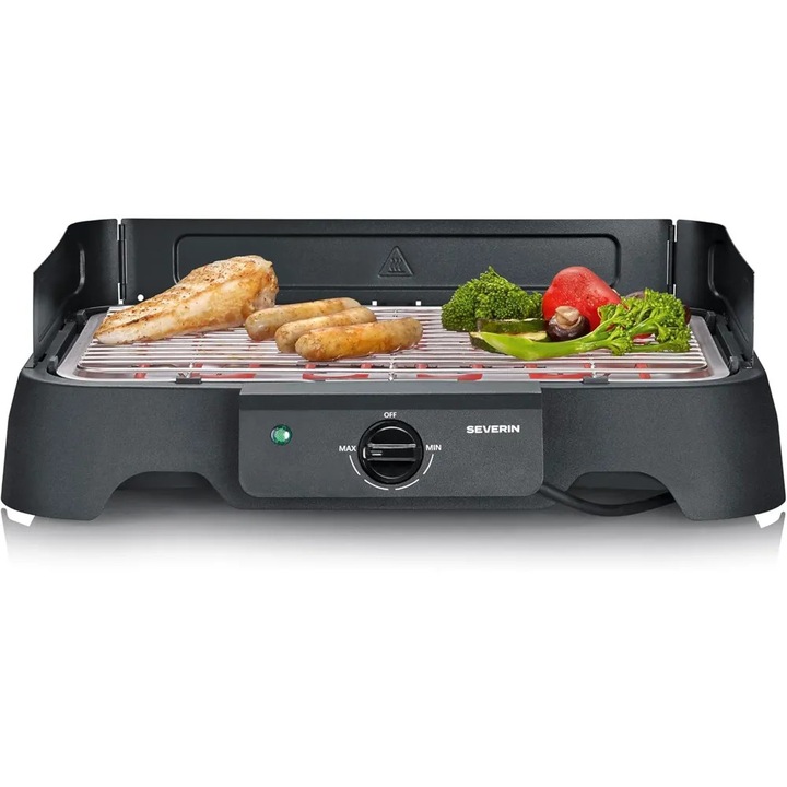 Severin elektromos grill, beltéri/kültéri használatra alkalmas, állítható termosztát, 35 – 200 °C hőmérséklet-tartomány, Safe Touch rendszer, rozsdamentes acél grillrács, gyors felmelegedés - kb. 4 perc, füst- és szagmentes, csúszásmentes lábak, fekete
