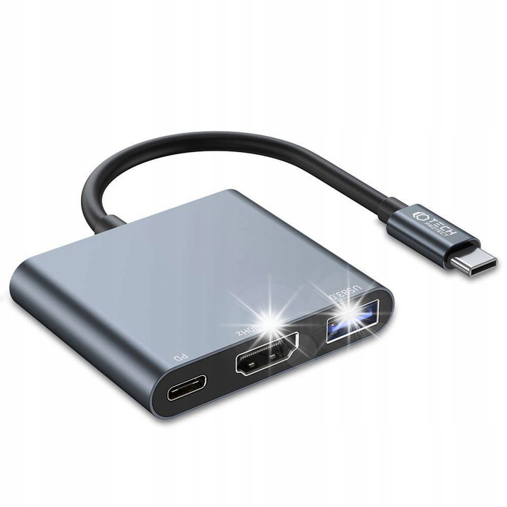 Адаптер хъб 3в1 Tech-Protect, USB-A 3.0 5.0 Gbps, HDMI 4K 30Hz, USB-C PD100W, сив
