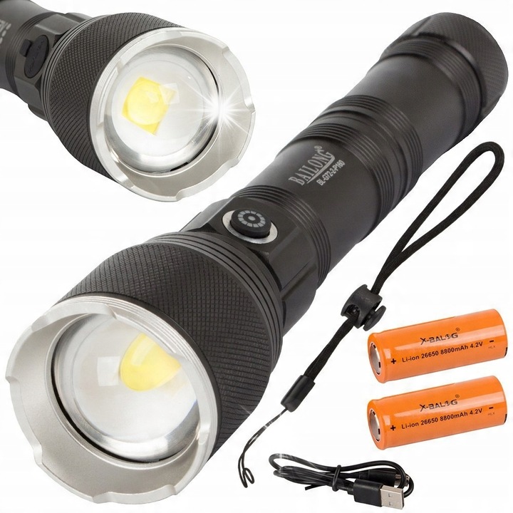 LED тактически фенер Bailong G72-2, CREE XHP160, увеличение, 1000м, 23x5см, комплект с 2 батерии 26650 и USB-C кабел
