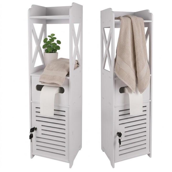 Dulap baie vertical RUHHY 80x20x21 cm, cu suport hartie igienica, incuietoare cu cheie, usi ajurate, alb