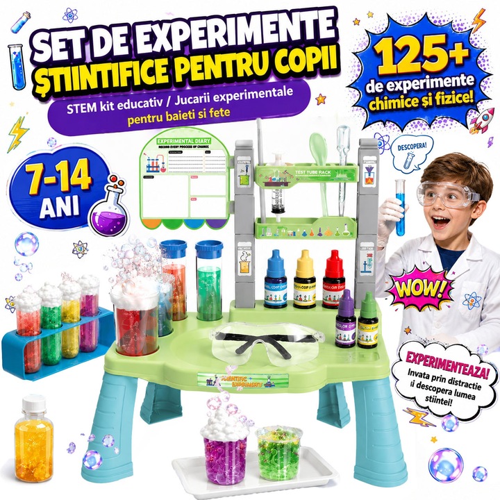 STEM Tudományos Laboratóriumi Készlet Gyermekeknek, Excitat®, Kísérletező Asztallal – 125+ Kémiai és Fizikai Kísérlet, Interaktív Oktatójáték Kiegészítőkkel: Szemüveg, Reagensek, Csövek, Illusztrált Útmutató, 7-14 év